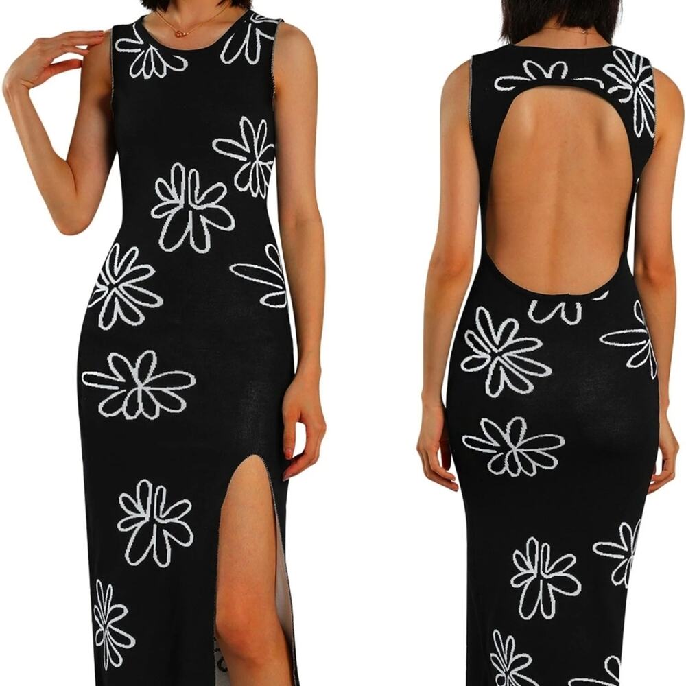Daisy knit bodycon dress Sz XS open back black side slit stretch ACL
